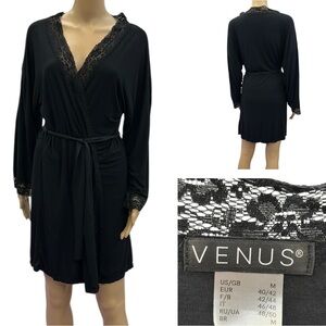 Venus Black Long Sleeve Tie Waist Lace Trim Kimono Robe Womens Medium